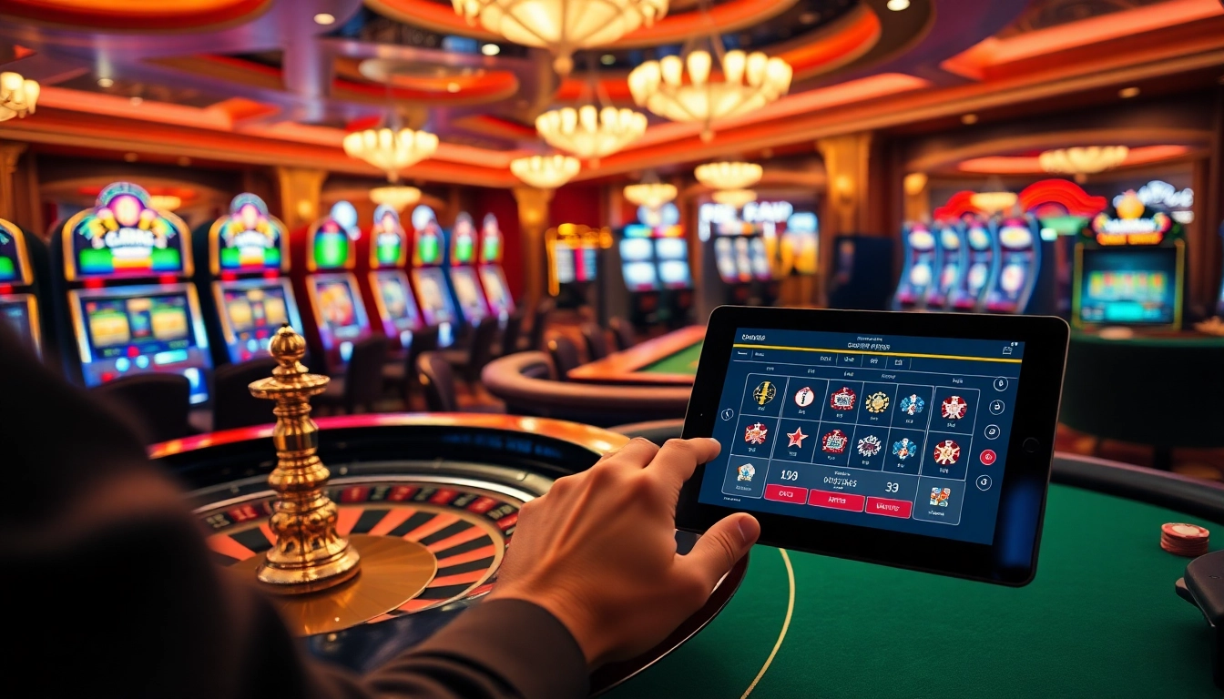 Engaging scene of a luxurious casino en ligne argent réel with a roulette table and vibrant slot machines.