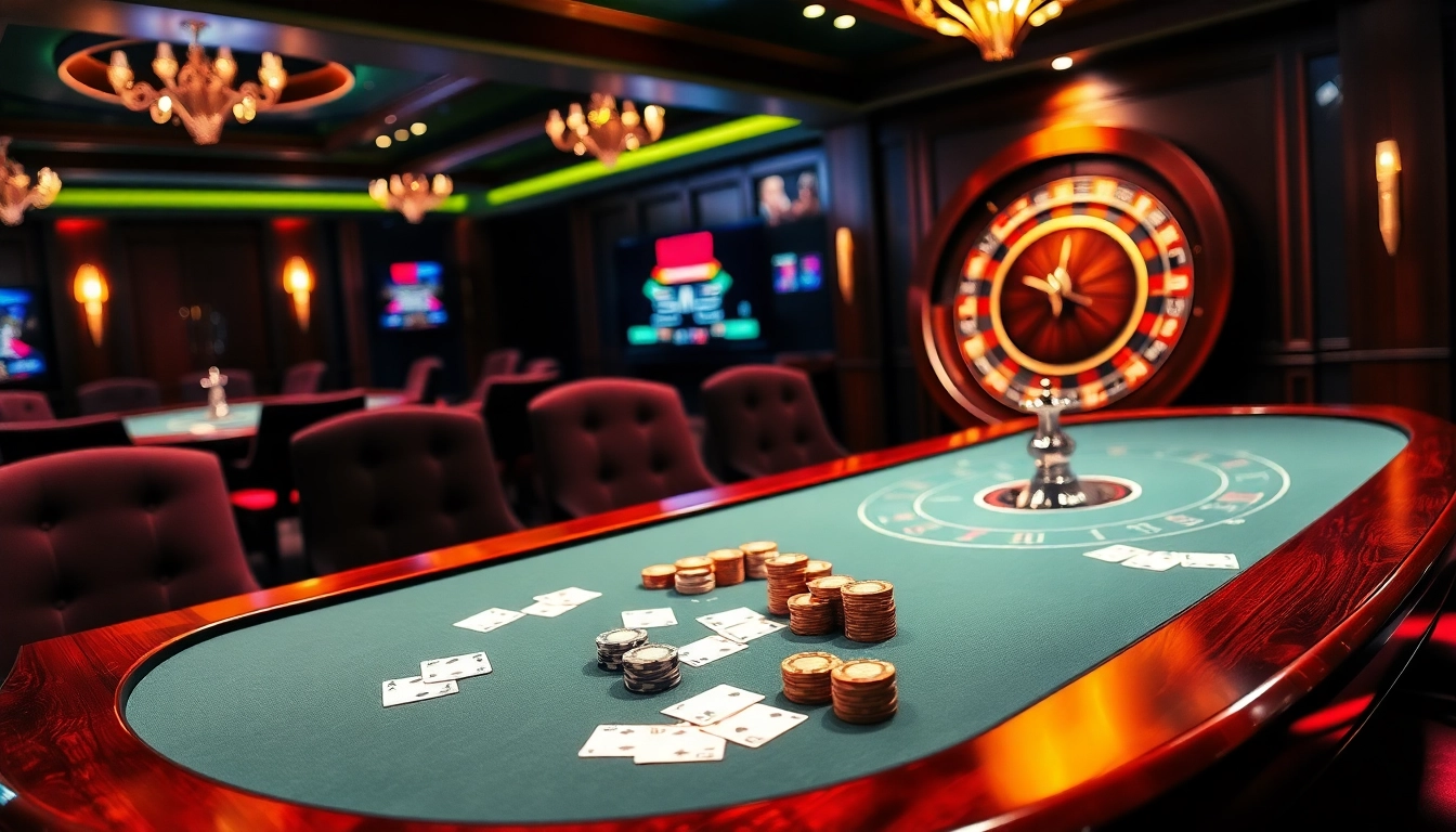 Casino en ligne argent réel gaming table with cards and chips, featuring a luxurious atmosphere.